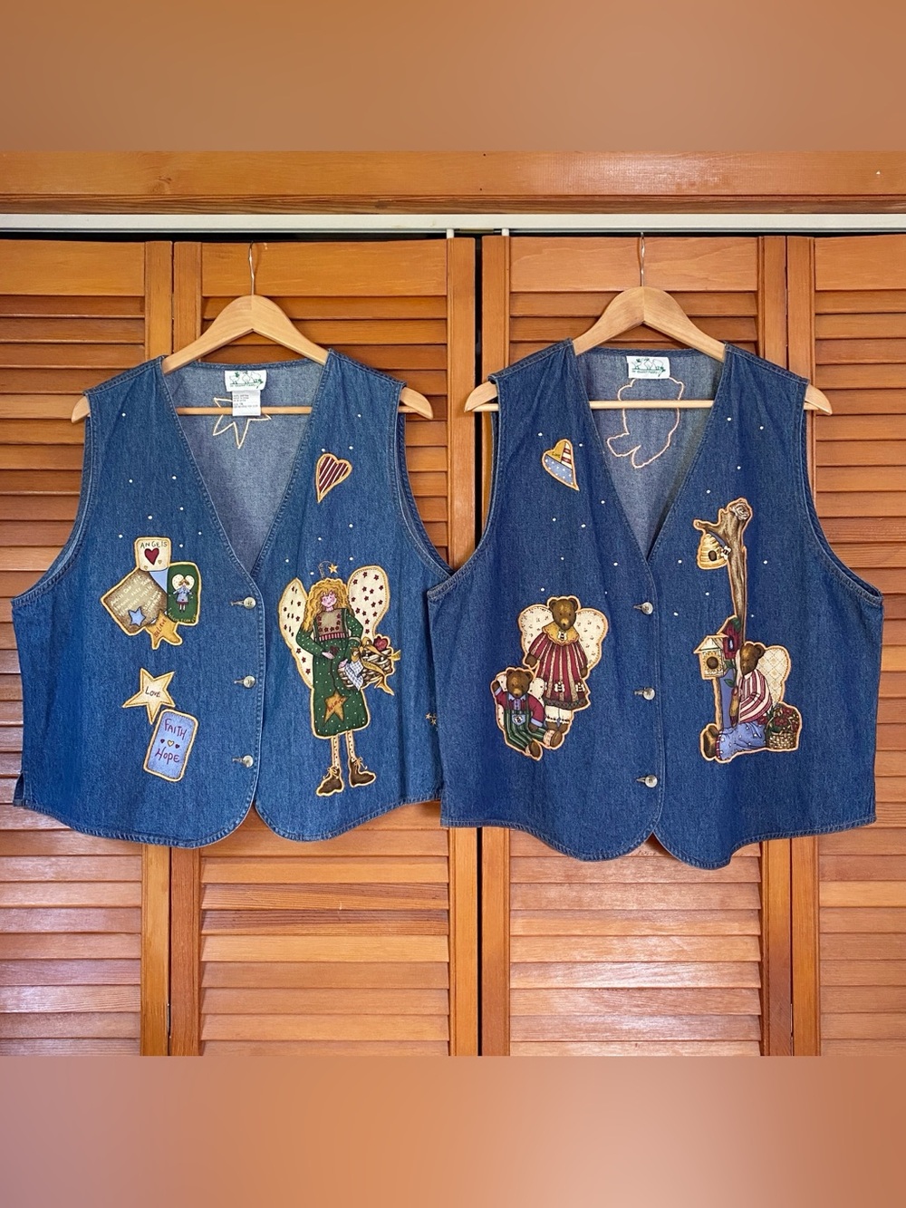 2 The Quacker Factory Vest 1X Blue Jean Denim Angel Bear Applique Embroidered